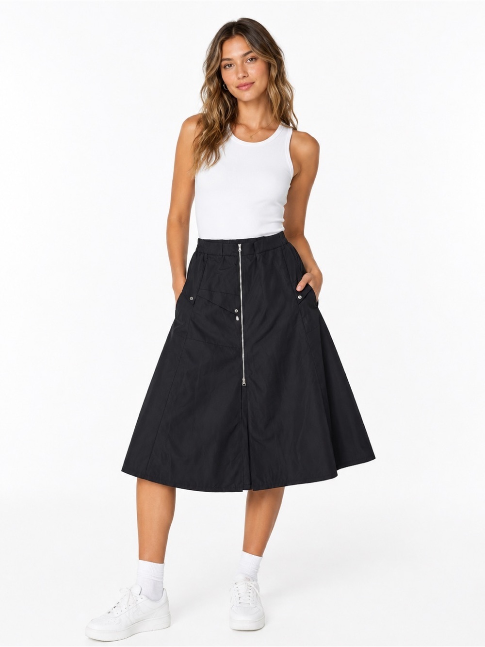 Black A-Line Maxi Skirt with Front Zip